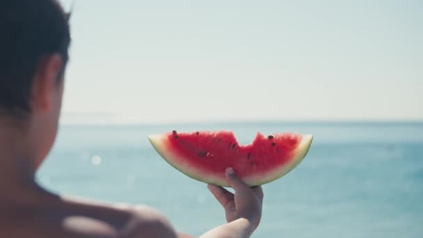 Boy Eating Watermelon Beach Summertime — Vídeo de stock