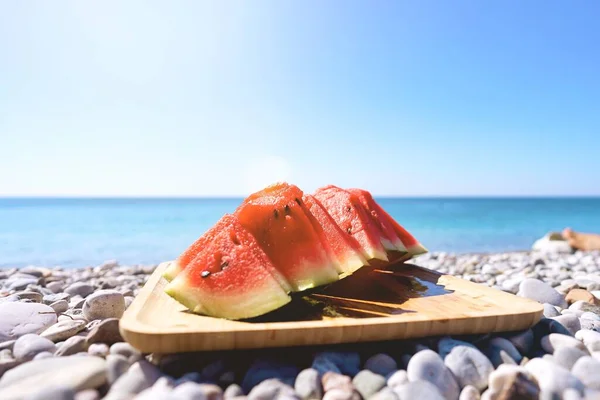 Juicy Slices Watermelon Plate Background Sea Beach Red Watermelon Fresh — Stock Photo, Image