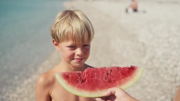 Boy Eating Watermelon Beach Summertime — Wideo stockowe