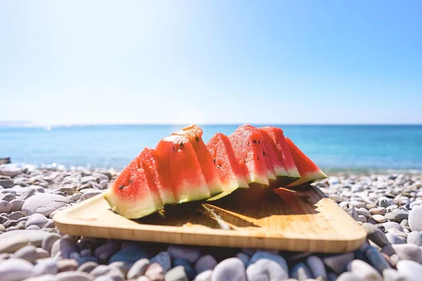 Juicy Slices Watermelon Plate Background Sea Beach Red Watermelon Fresh — Photo