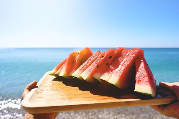 Juicy Slices Watermelon Plate Background Sea Beach Red Watermelon Fresh — Photo