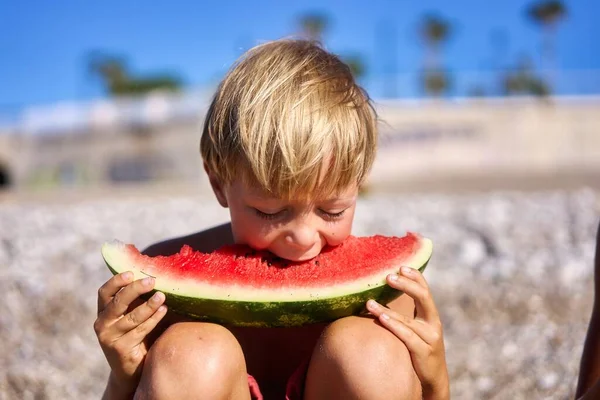 Boy Eating Watermelon Beach Summertime — Photo