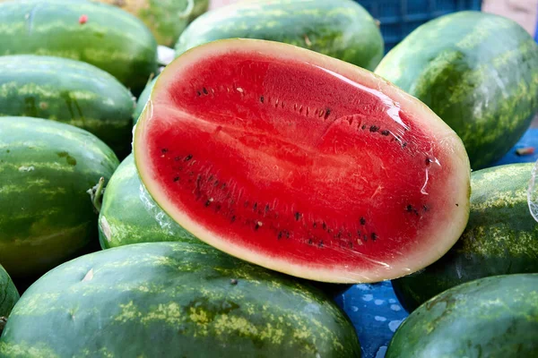 Selective Focus Two Half Fresh Red Watermelons Covered Thin Protective — 스톡 사진