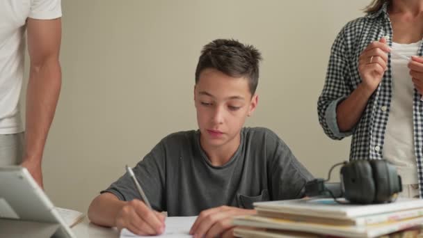 Father Helping His Son Schoolwork Young Little Shoolboy Solving Mathematics — Stock Video