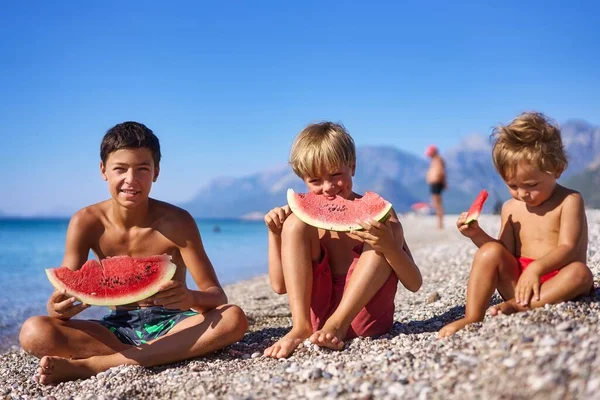 Two Brothers Eat Watermelon Beach Fotos de stock