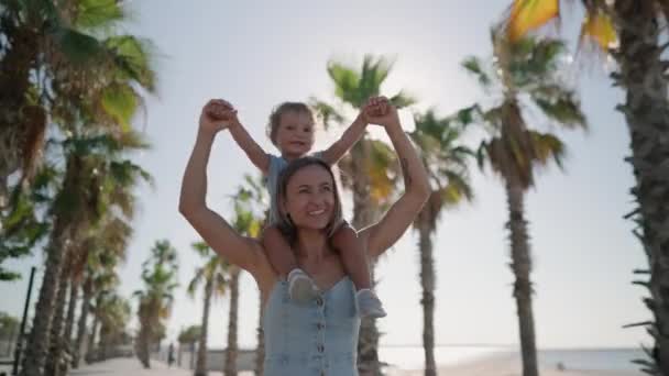 Young Beautiful Mother Holds Year Old Sweet Son Walk Summer — ストック動画