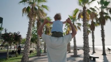 Father carrying son 12-17 months on shoulders and walking around at beach. Happy father and son playing on the beach at sunny day. High quality 4k footage