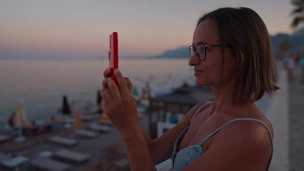 Portrait Woman Using Modern Smartphone Recording Video Amazing Summer Sunset — Video