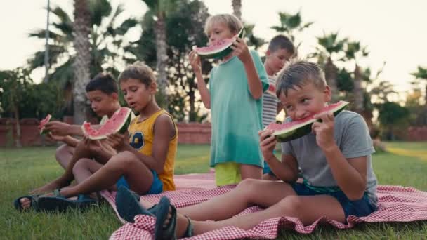 Four School Children Eating Watermelon Outdoor Summer Time Happy Summer — Wideo stockowe