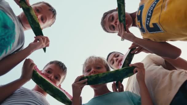 Four School Children Eating Watermelon Outdoor Summer Time Happy Summer – Stock-video