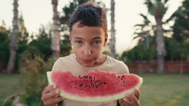 Happy Childhood Concept Boy Eating Watermelon Slices Sunny Summer Day — Stok video