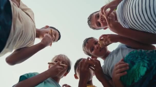 Low Angle Shot Group Children Friends Picnic Eat Pizza Sit — Stok video