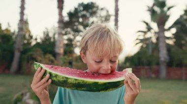 Happy childhood concept. Boy eating watermelon slices sunny summer day. High quality 4k footage