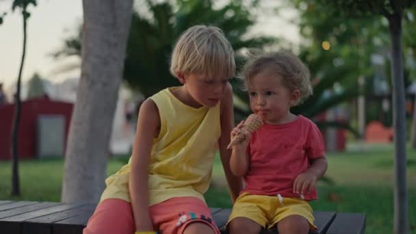 Little Brother Share Ice Cream Elder Brother Park Cute Little — стоковое видео