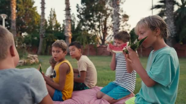 Four School Children Eating Watermelon Outdoor Summer Time Happy Summer — Stock video