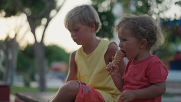Little Brother Share Ice Cream Elder Brother Park Cute Little — Stock video