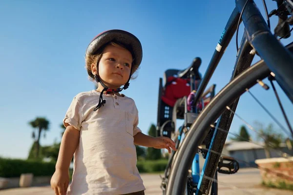 Cute Little Boy Big Bike Outdoors City Street High Quality Imágenes de stock libres de derechos
