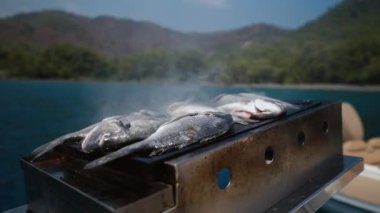 Closeup of preparing grilled sea bass fish outdoors in the open sea, while traveling by boat, slow motion. High quality 4k footage