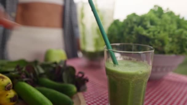 Young Smiling Woman Drinking Detox Smoothie Straw Happy Vegetarian Drinks — Video