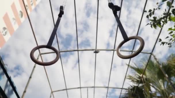 Gymnastic Rings Swinging Slowly Street Workout Place Gym Close High — Video