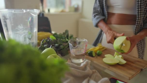 Happy Caucasian Woman Using Blender Preparing Smoothie Kitchen Healthy Lifestyle — Vídeo de stock