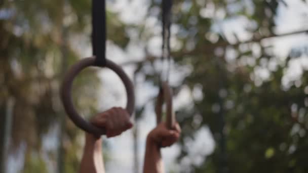 Muscular Athletic Young Man Exercising Gymnastic Rings Sport Health Care — Stock Video