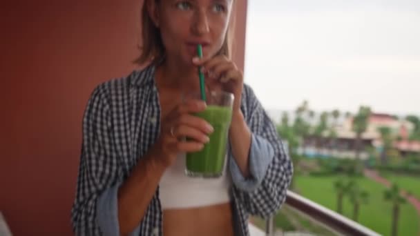 Young Smiling Woman Drinking Detox Smoothie Straw Happy Vegetarian Drinks — Stockvideo