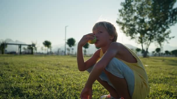 Cute Child Boy Portrait Stay Apple Tree Garden Outdoors Eating — Vídeo de stock