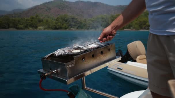 Closeup Preparing Grilled Sea Bass Fish Outdoors Open Sea While — Stok video
