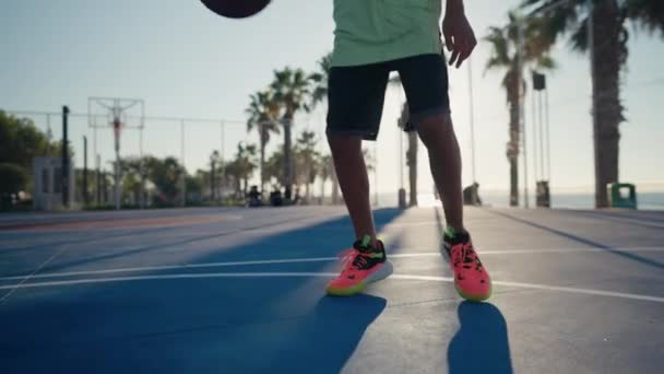 Young Caucasian Boy Basketball Player Dribbling Practicing Ball Handling Skill — Stockvideo