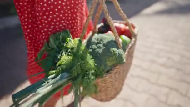 Mulher Segurando Uma Cesta Com Legumes Orgânicos Frescos Saudáveis Colheita — Vídeo de Stock