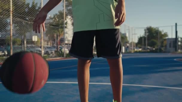 Close Young Spotsman Bouncing Basketball Ball Training Ground Floor Court — 图库视频影像