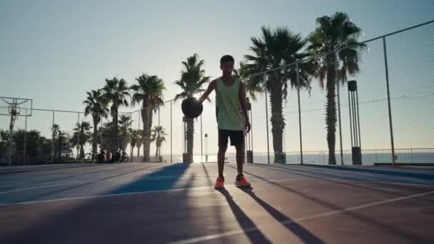 Year Old Boy Bouncing Basketball Ball Training Ground Floor Court — Stock videók