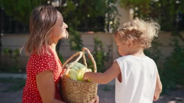 Mutter Und Ihr Sohn Mit Einem Korb Mit Obst Und — Stockvideo