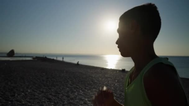 Young Male Boxer Karate Fighter Training Beach Sunrise Silhouette Shot — Stock Video