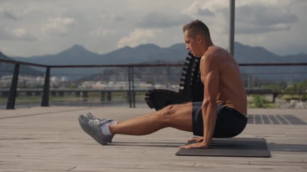 Male Athlete Doing Sit Exercise Floor Sit Yoga Pose Core — Stock Video