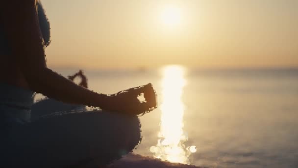 Silhouet Van Jonge Vrouw Die Yoga Beoefent Natuur Bij Zonsondergang — Stockvideo