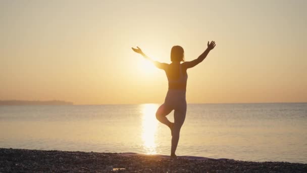 Siluet Kadın Yaz Tatili Plaj Mutluluğu Rahatlama Ile Meditasyona Yoga — Stok video