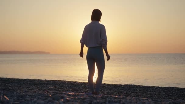 Silhouette Femme Pratique Yoga Pose Méditation Avec Vacances Été Plage — Video