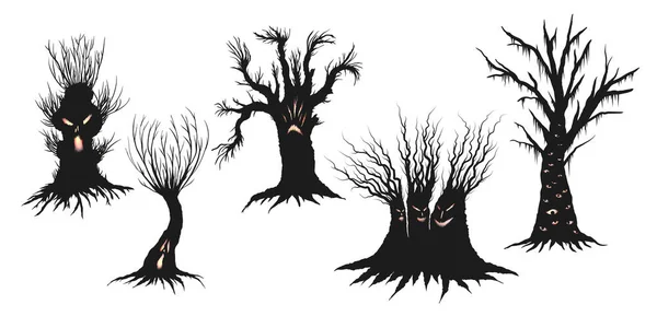 Silhouettes Arbres Hantés Avec Des Yeux Brillants Des Visages Effrayants — Image vectorielle