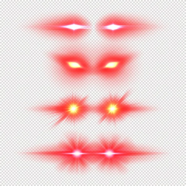 Laser eyes meme light effect vector illustration, various red glowing eyes overlays, superhero sight template