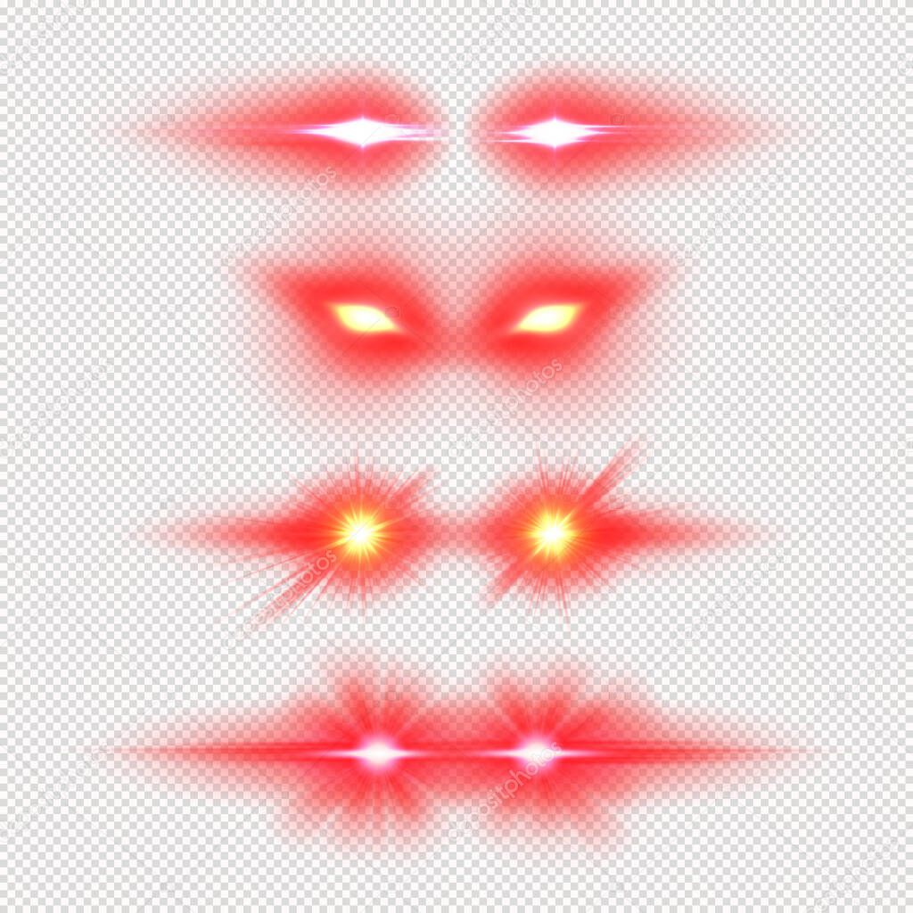 Laser eyes meme light effect vector illustration, various red glowing eyes overlays, superhero sight template
