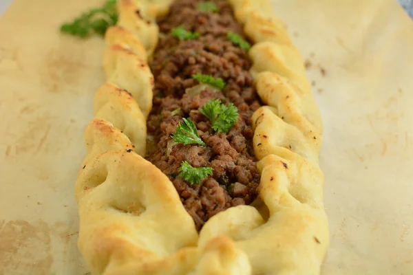 Tarta Tradicional Carne Libanesa Casera Sfeeha — Foto de Stock