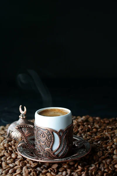 Coffee Cup Roasted Beans Black Background Fotografie de stoc