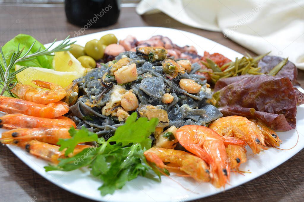 Close up of Delicious Black Seafood Pasta