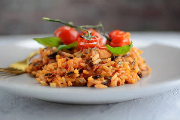 Seafood Risotto Cherry Tomatoes Basil — Stock Photo, Image