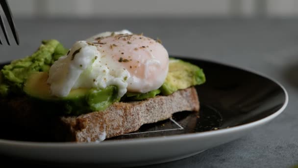 Gepocheerd ei snijden met runny ei dooier over roggebrood toast met gepureerde avocado spread. — Stockvideo