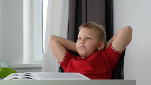 Uvolněný šťastný školní chlapec odpočívající a usmívající se, zdravý lenivý klidný odpočinek, snění na židli s knihou — Stock video