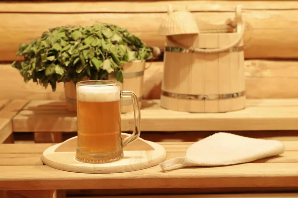 Glass Mug Light Beer Stands Wooden Lid Accessories Sauna Interior Stockbild
