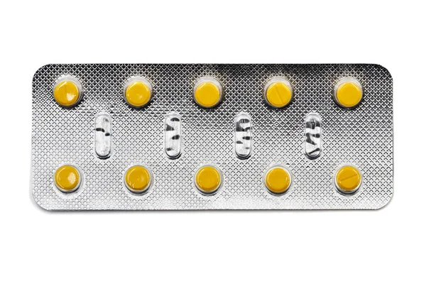 Pillole Gialle Blister Isolate Sfondo Bianco Industria Farmaceutica Globale Primo — Foto Stock